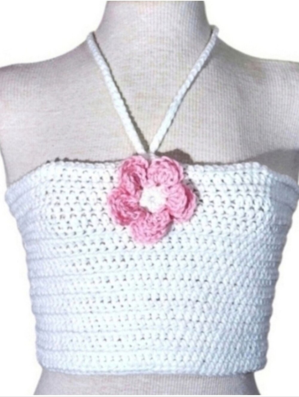 HANDCRAFTED Top Corsetted Cropped Crochet Floral White Sz S